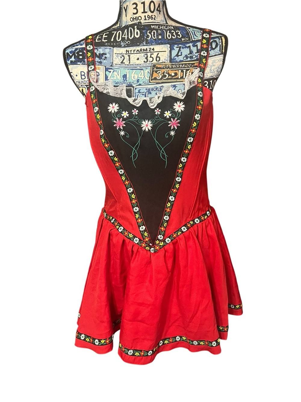 Swiss Miss Ren Faire Red Costume Floral Accent German Yodeler Style Dress Sz S